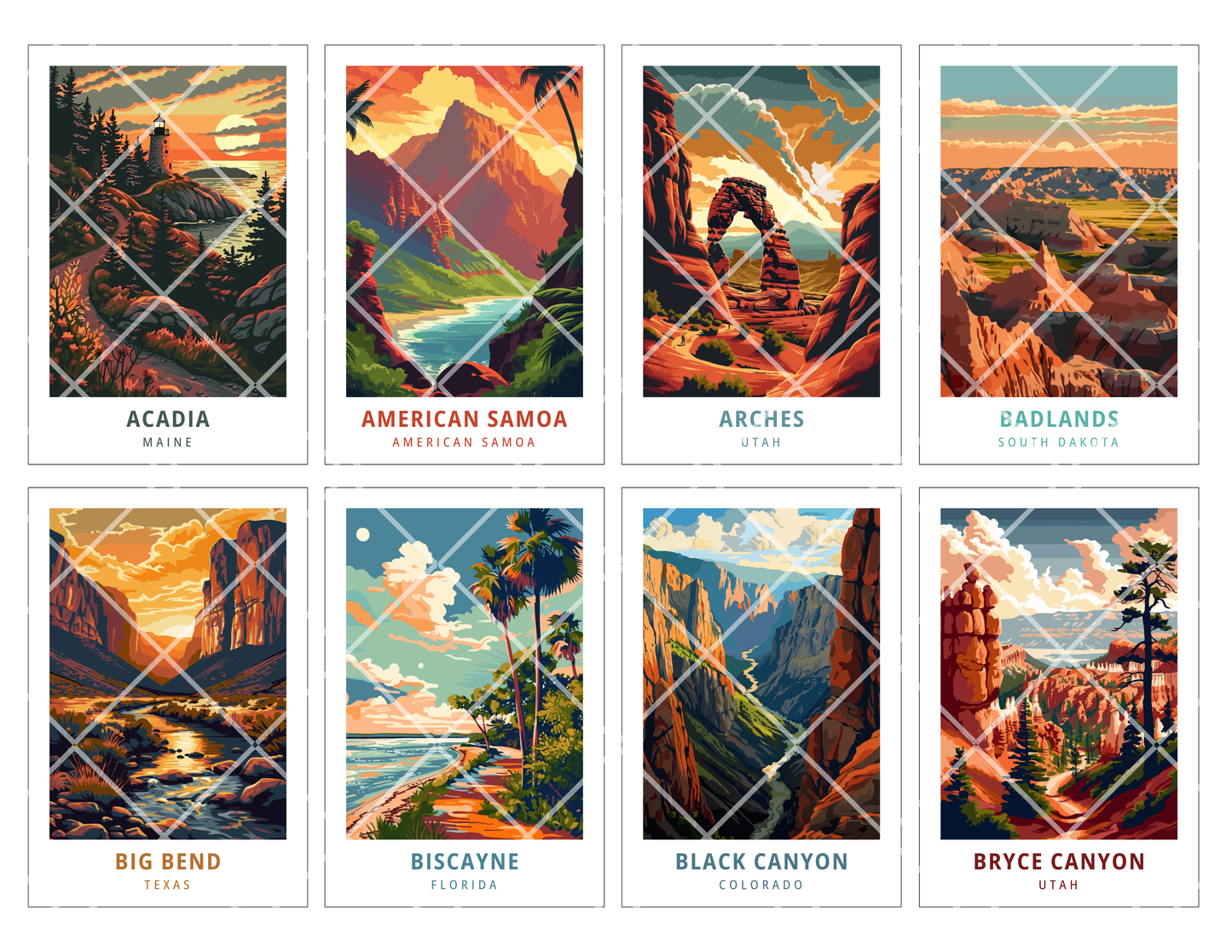 Collection of vibrant iconic landmarks of the popular 63 US National Parks such as Acadia, American Samoa, Arches, Badlands, Big Bend, Biscayne, Black Canyon, and Bryce Canyon. Showcasing wildlife and nature's beauty