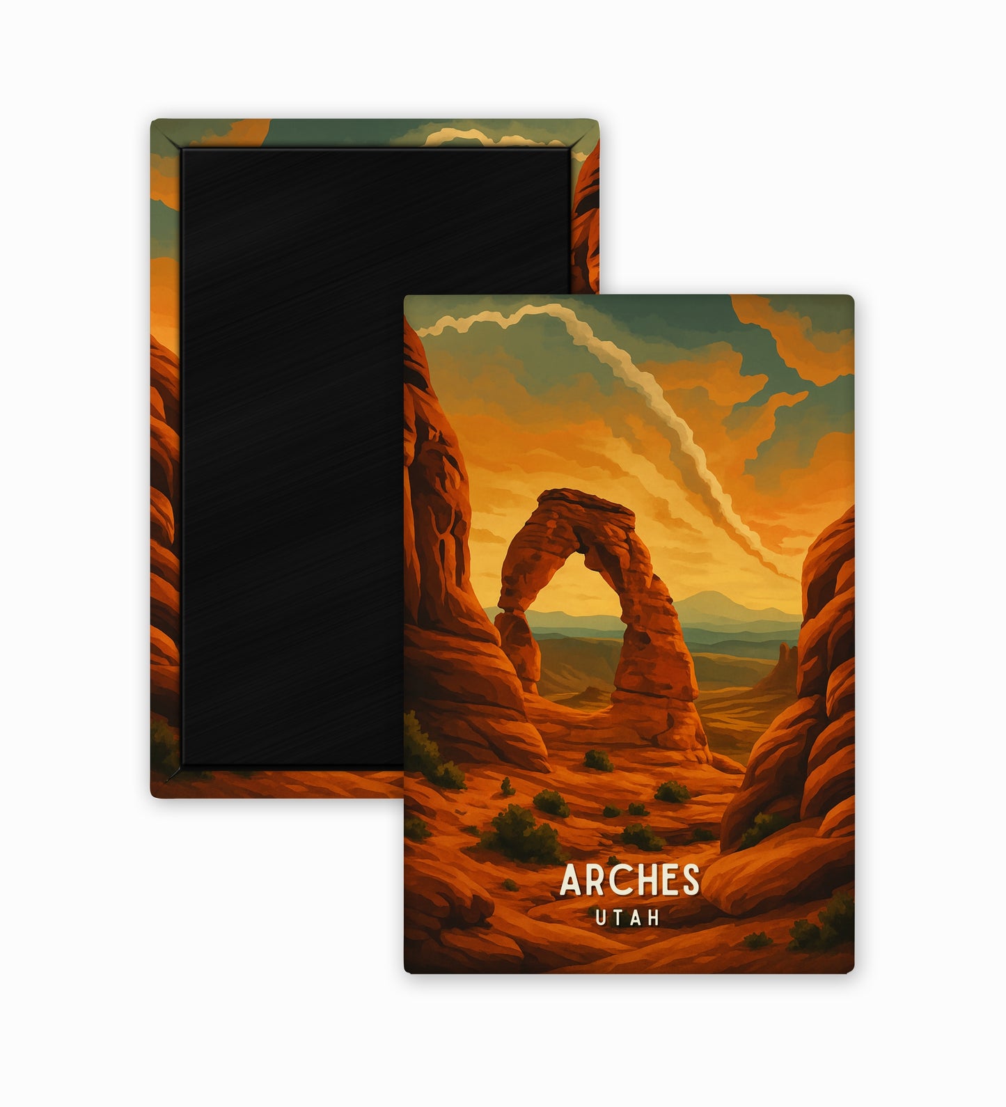 Framed artwork of Arches National Park with desert landscape and arches.