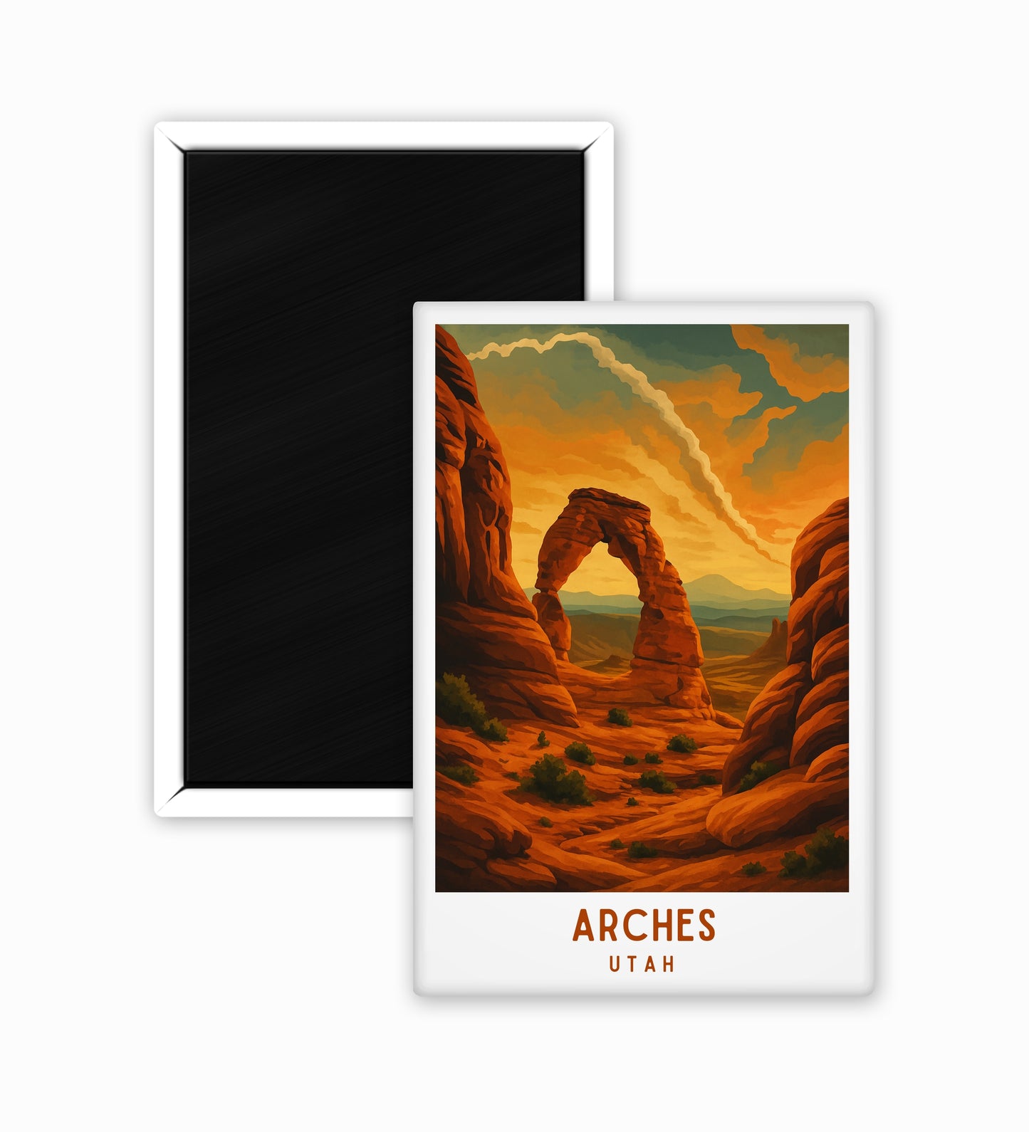 Fridge magnet with a desert landscape design and 'Arches Utah' text on a white background