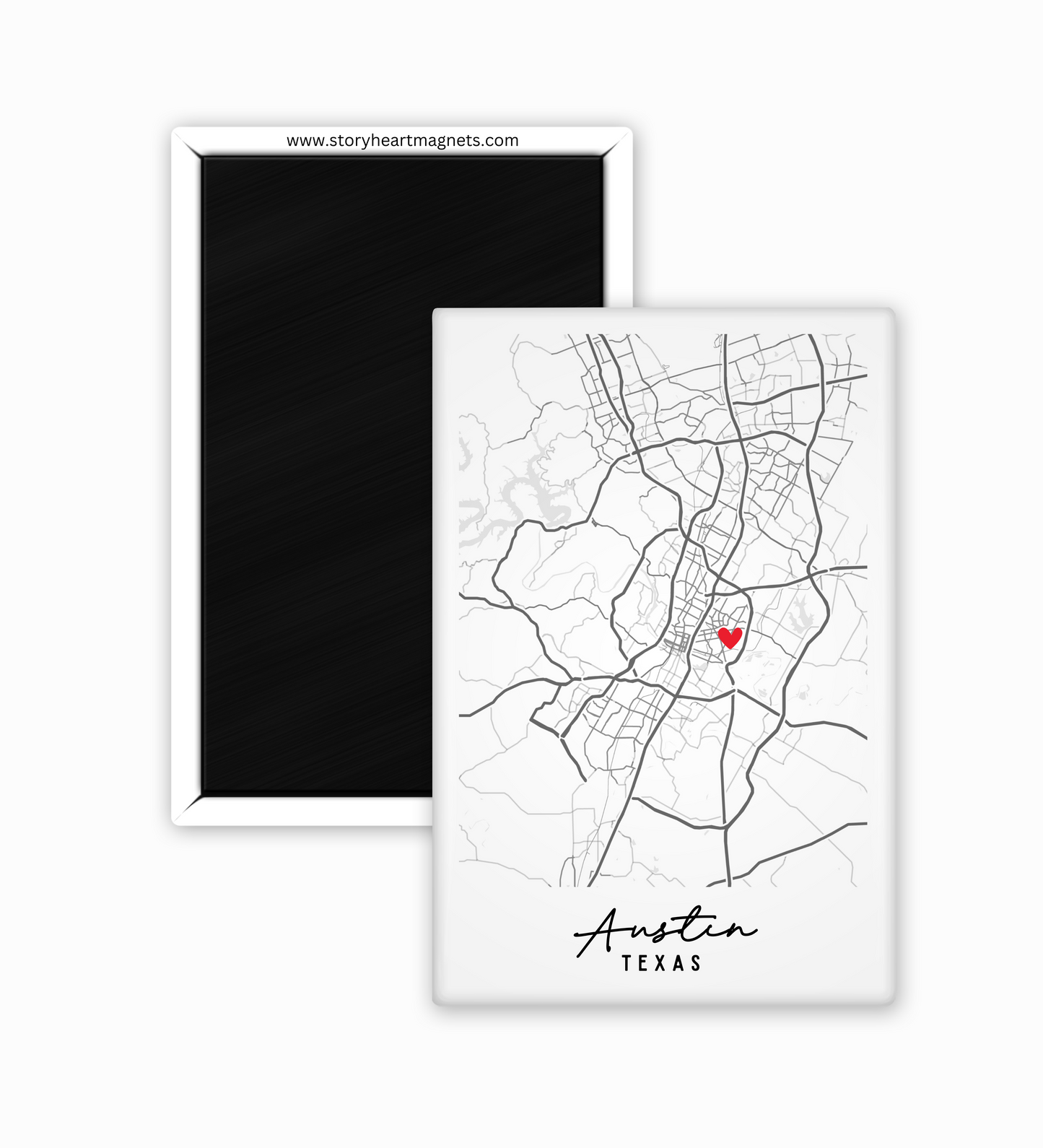 Framed map of Austin, Texas with a red heart on a white background
