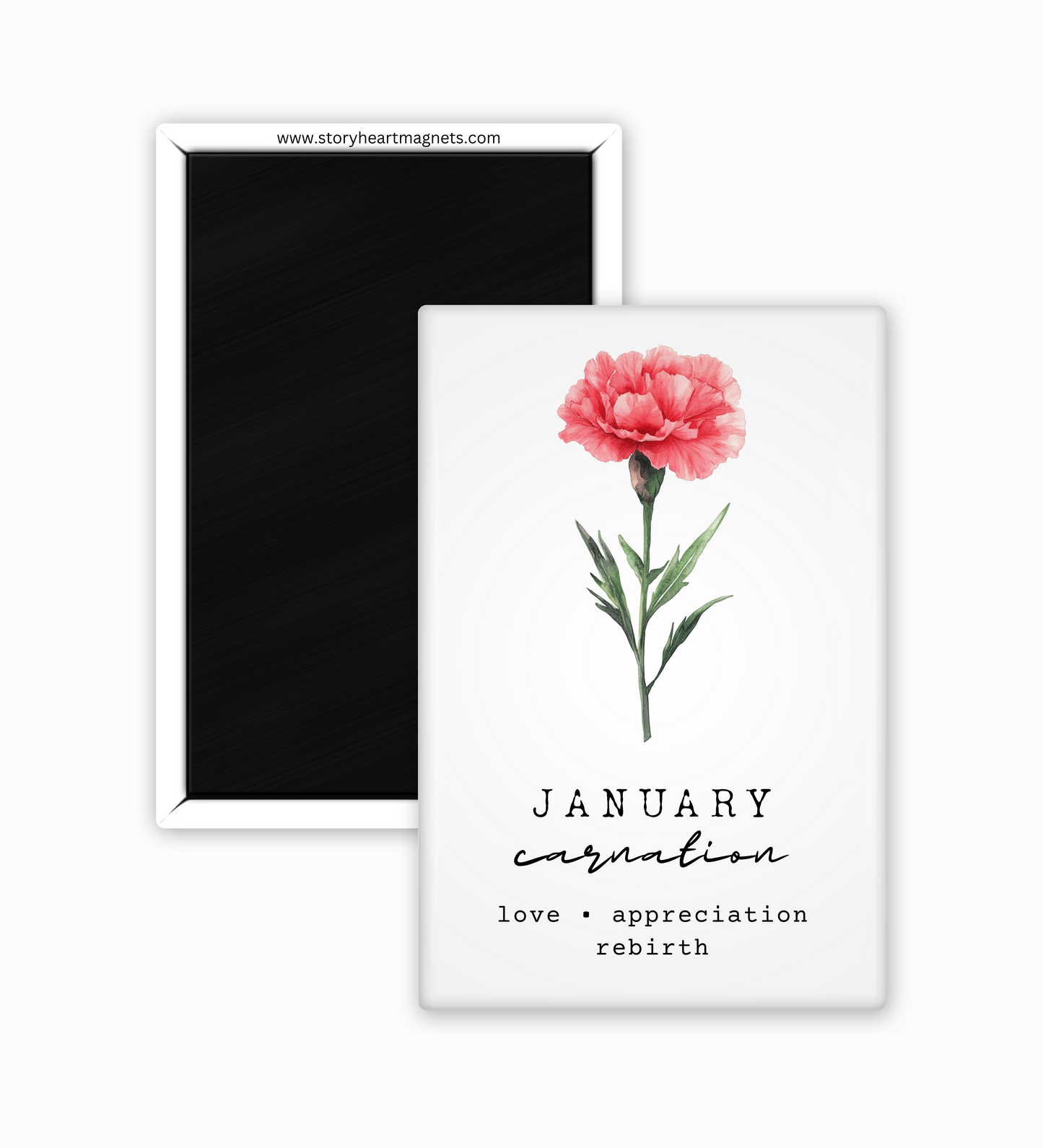Fridge magnet with a pink carnation and text on a white background