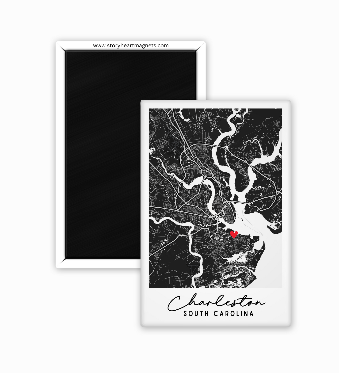Map magnet of Charleston, South Carolina with a black background