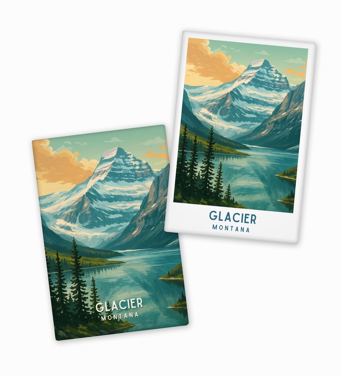 Two posters of Glacier National Park with mountains and lake.