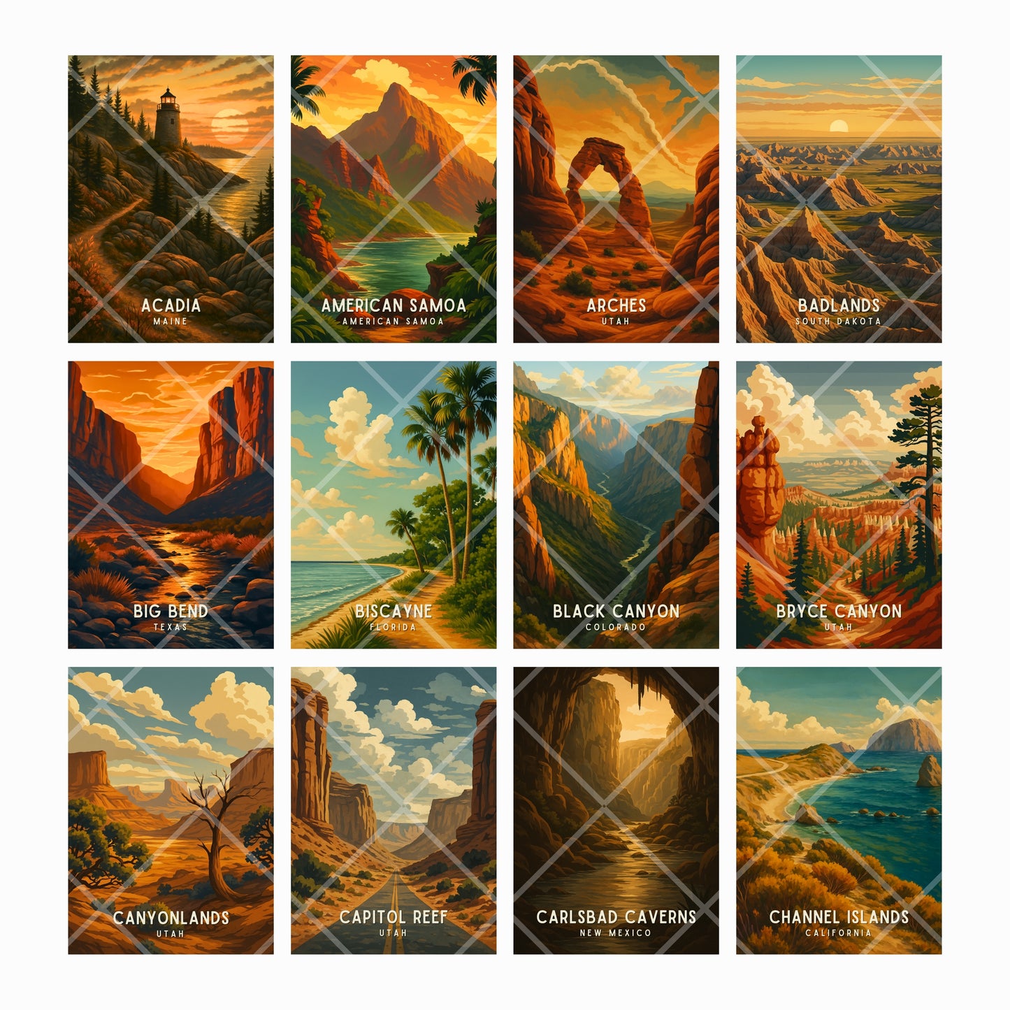 Collection of scenic posters of various national parks with titles below each.