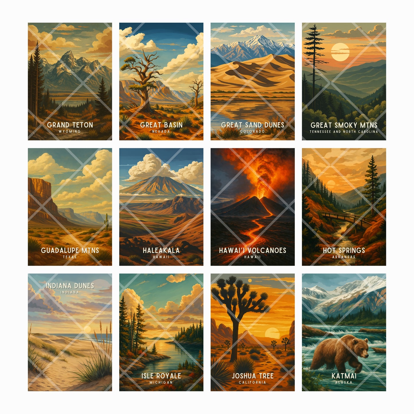 Collection of scenic posters featuring various national parks and landscapes.