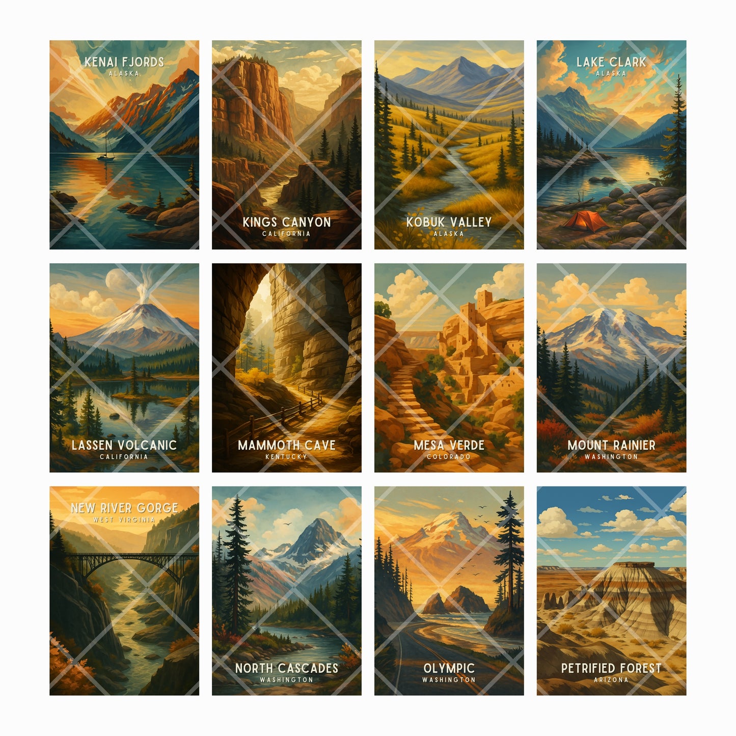 Collection of scenic posters featuring various national parks with titles underneath.