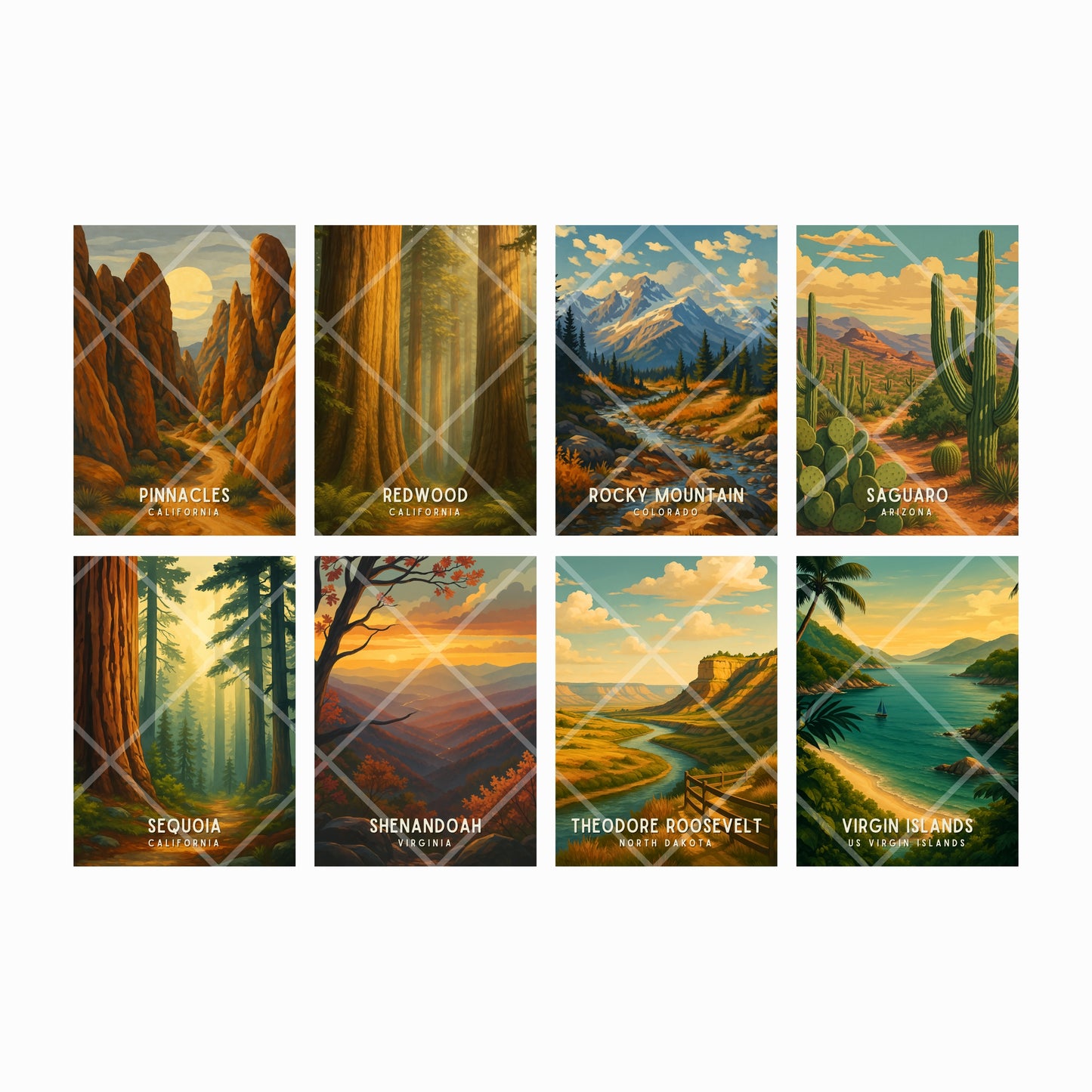 Set of eight scenic posters of national parks