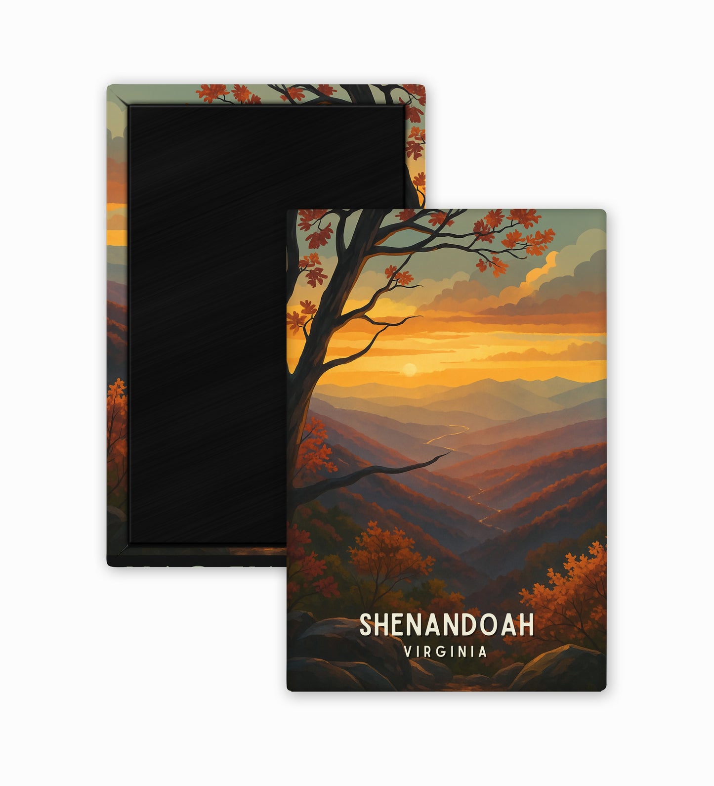 Framed artwork of Shenandoah Valley with autumn trees and sunset, featuring 'Shenandoah Virginia' text.