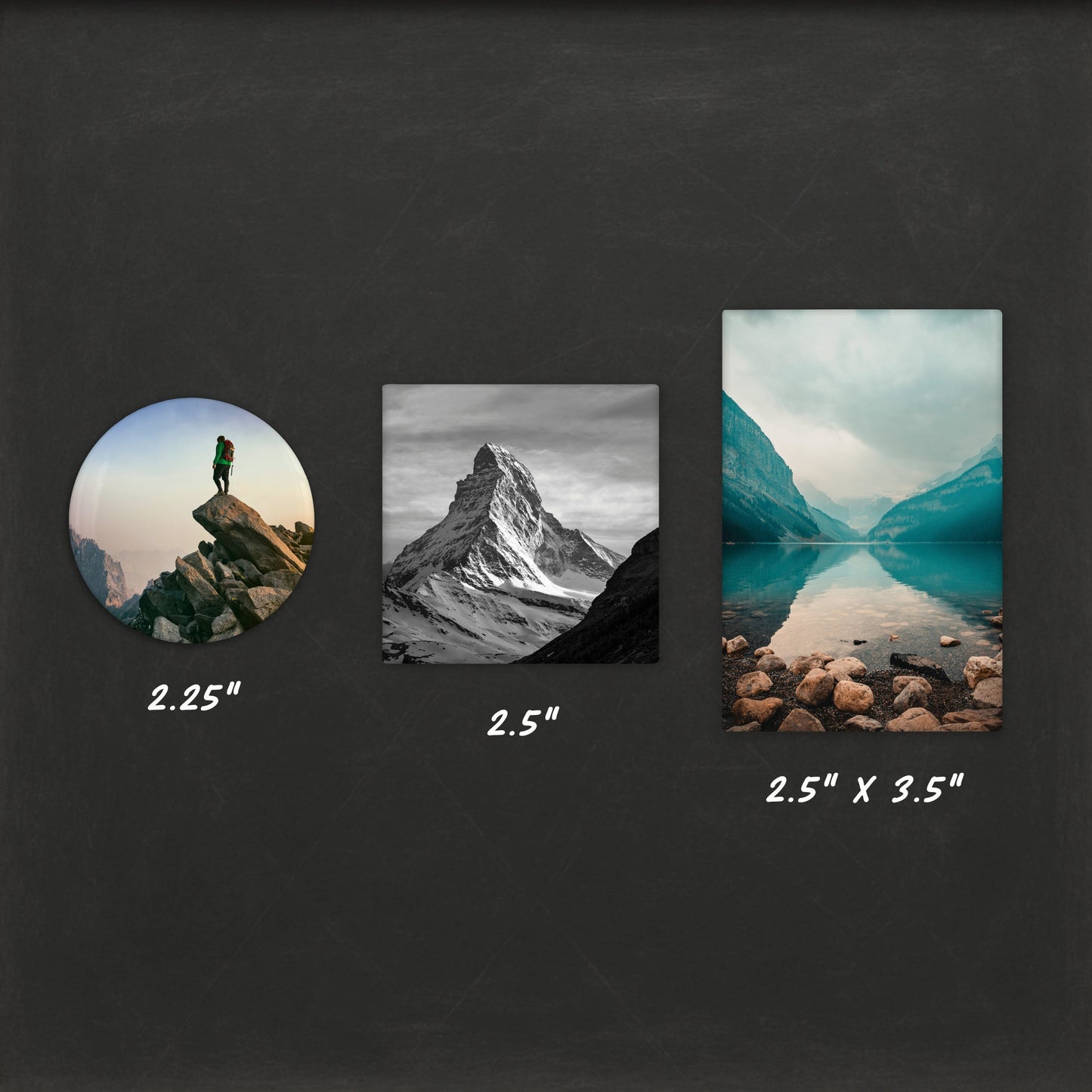 Framed display with three photo sizes labeled on a black background