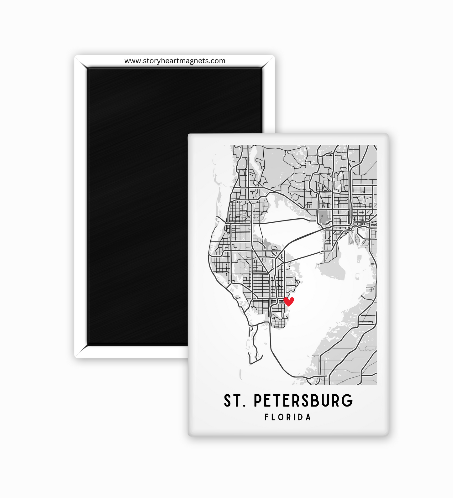 Framed map of St. Petersburg, Florida with a red heart marker on a white background