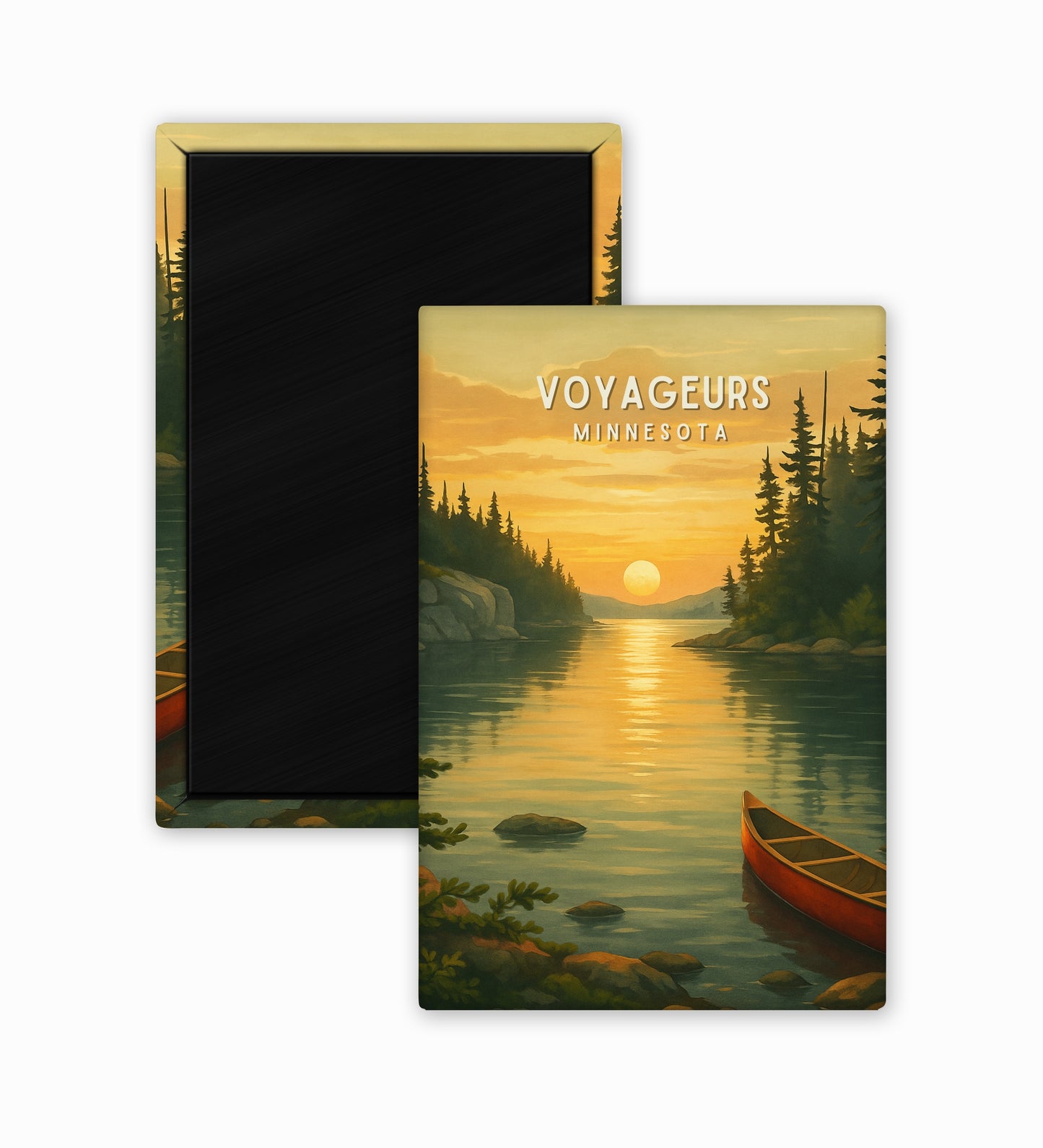 Framed artwork of a sunset over a lake with trees and a canoe, featuring the text 'Voyageurs Minnesota'.