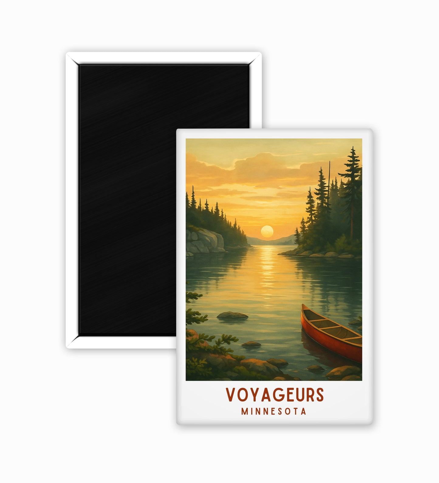 Fridge magnet with a scenic illustration of a lake at sunset and a canoe, labeled 'Voyageurs Minnesota'.