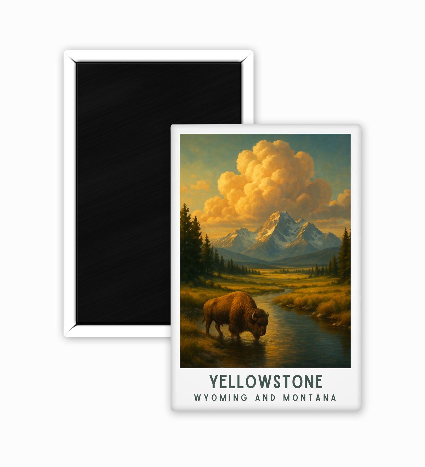 Fridge magnet with a scenic illustration of Yellowstone National Park featuring a bison and mountains.