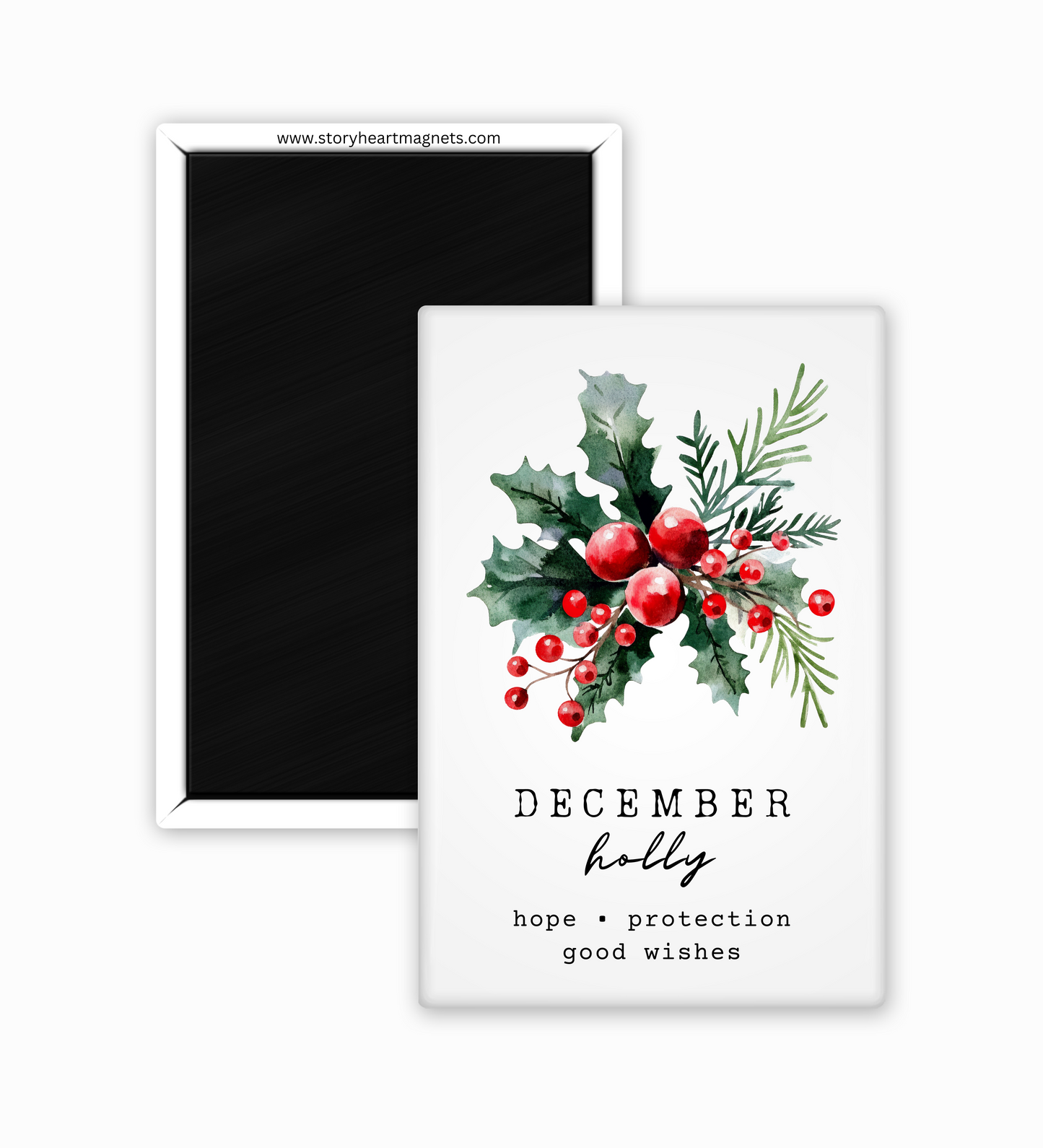Fridge magnet with holly design and text on a white background