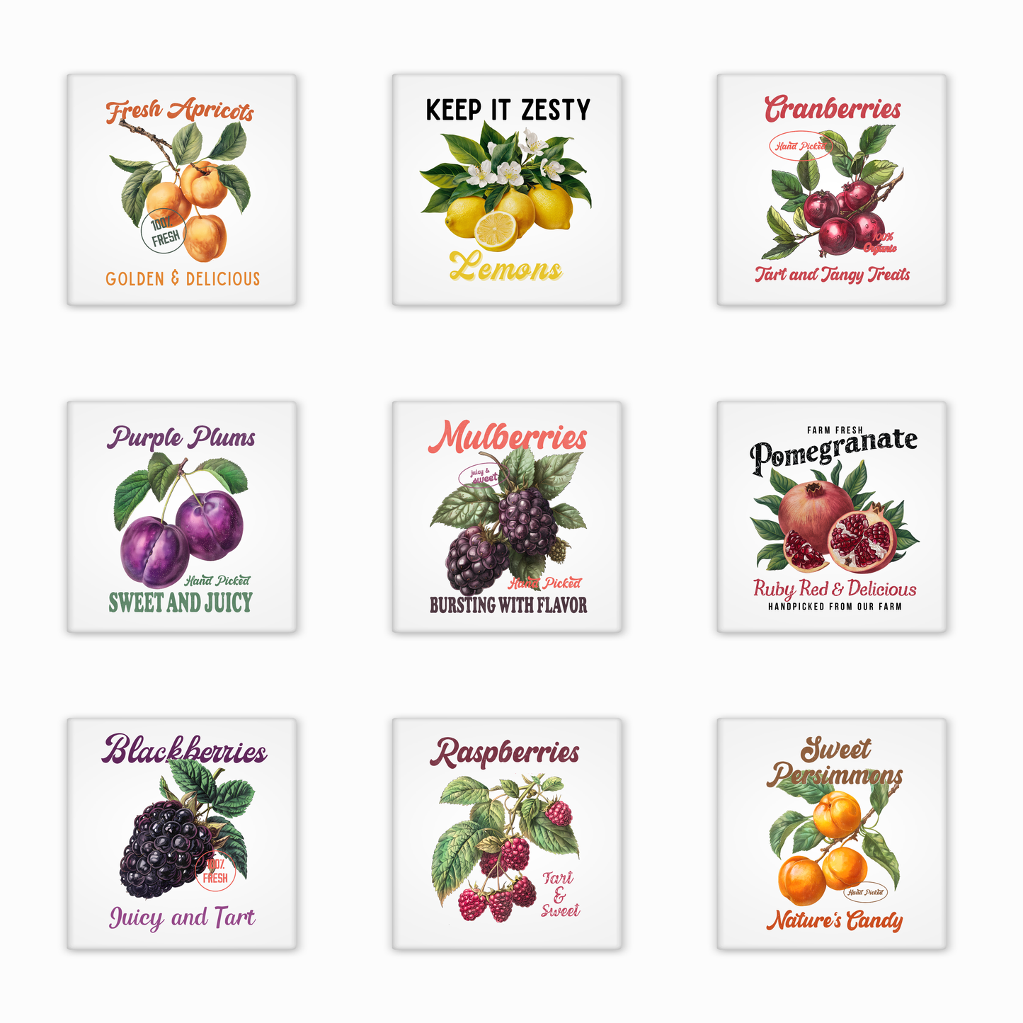 another set of nine fruit-themed posters with colorful illustrations and text on a white background.