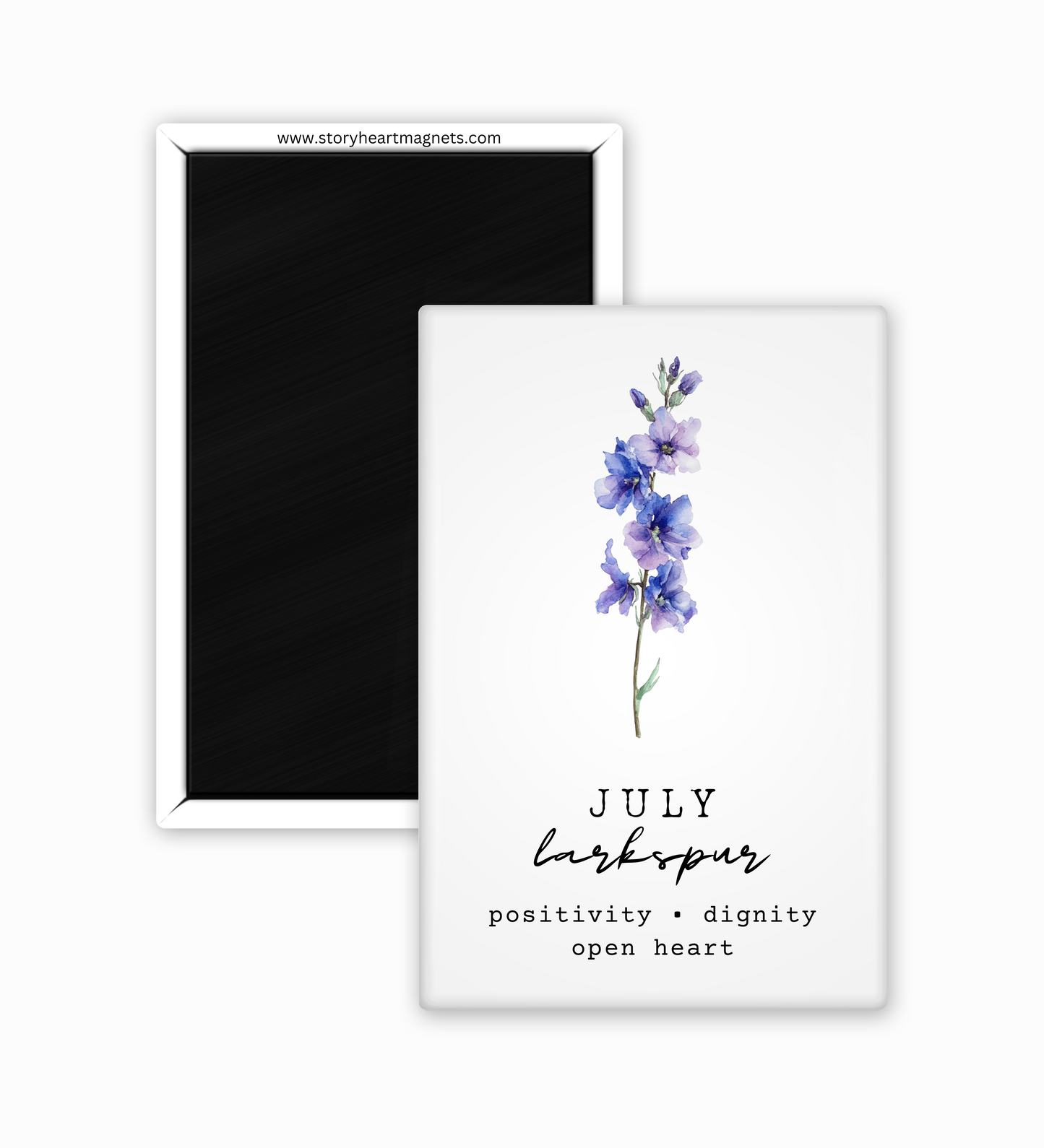 Fridge magnet with a blue and purple larkspur and text on a white background