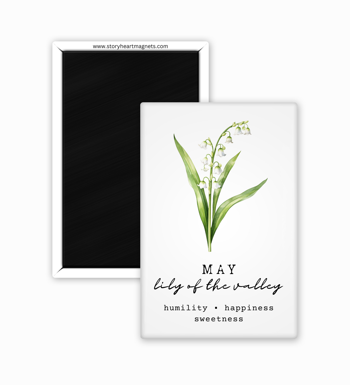 Fridge magnet with lily of the valley design and text on a white background