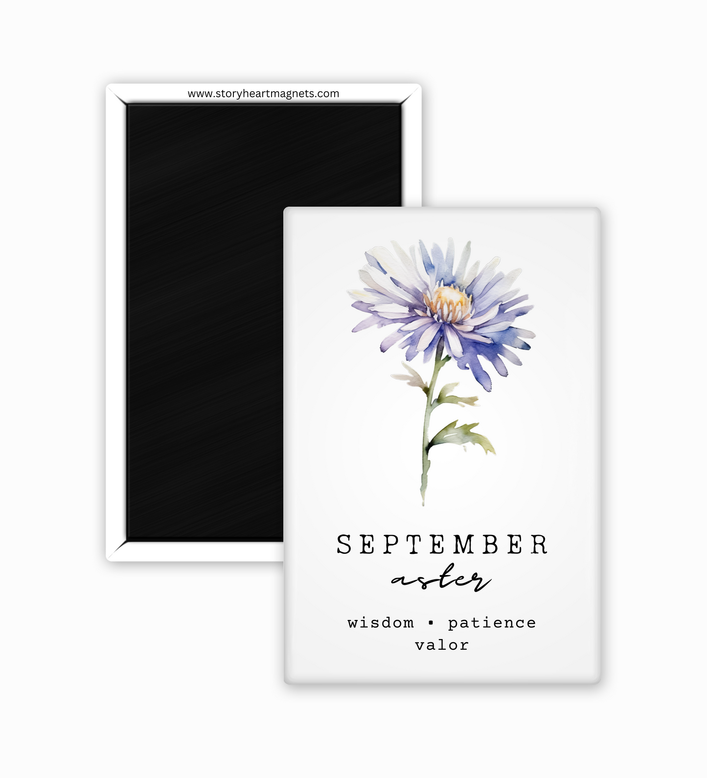 Fridge magnet with a purple aster illustration and text on a white background