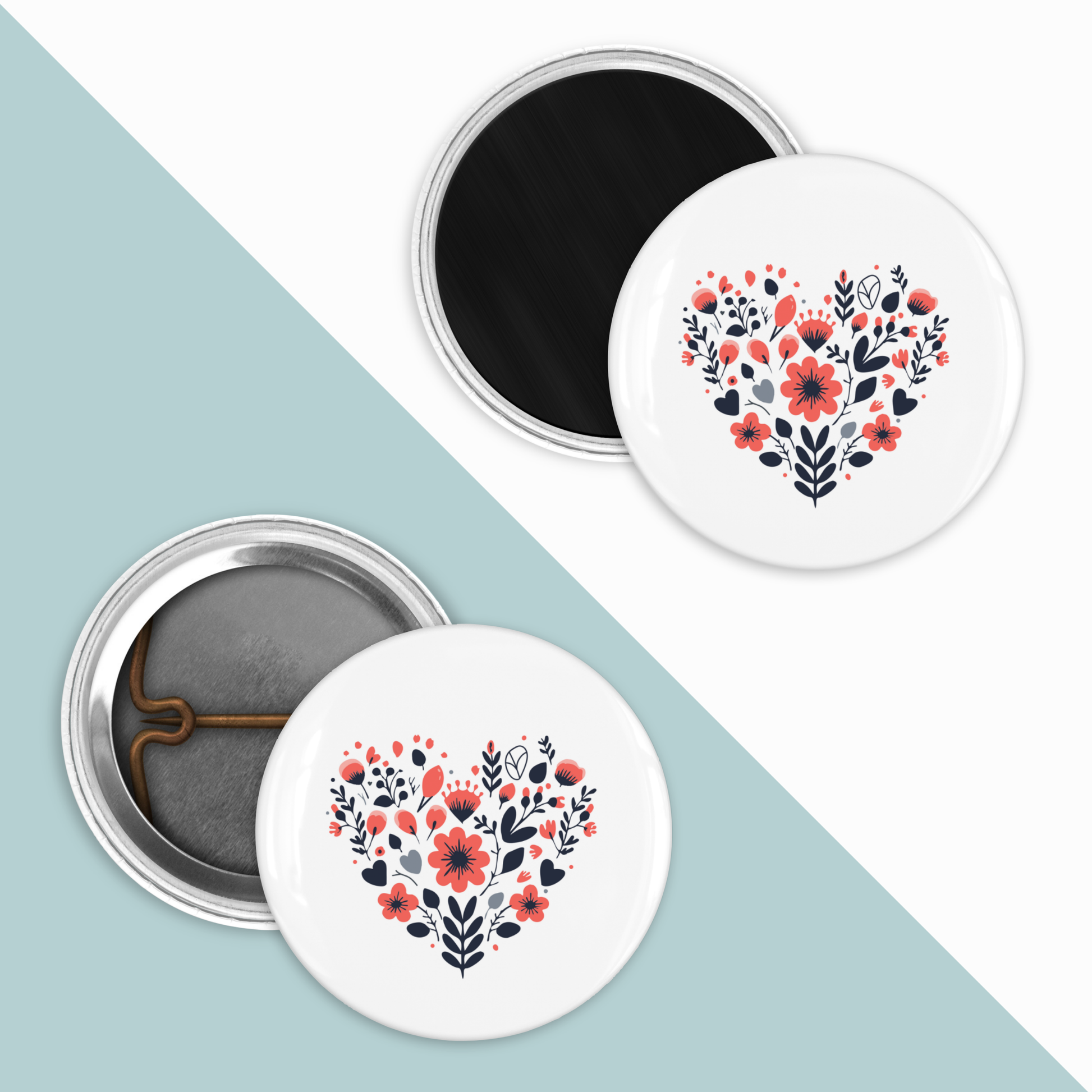 Two round magnets with floral heart design on a light blue and white background