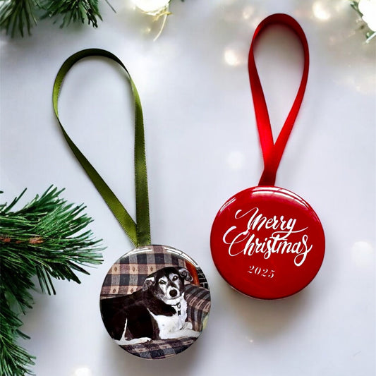 Two Christmas ornaments on a white background with greenery and lights.