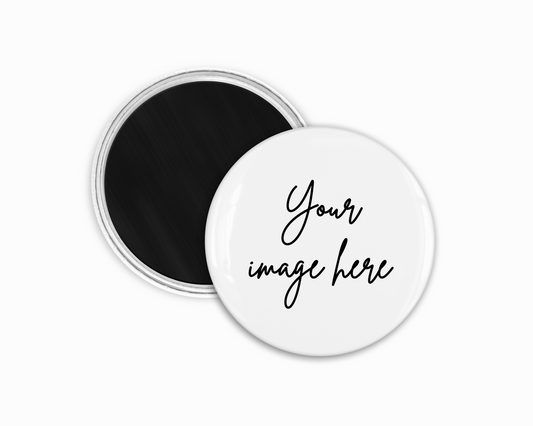 Mockup of custom 2.25 inch round photo magnet to show custom image goes in the circle