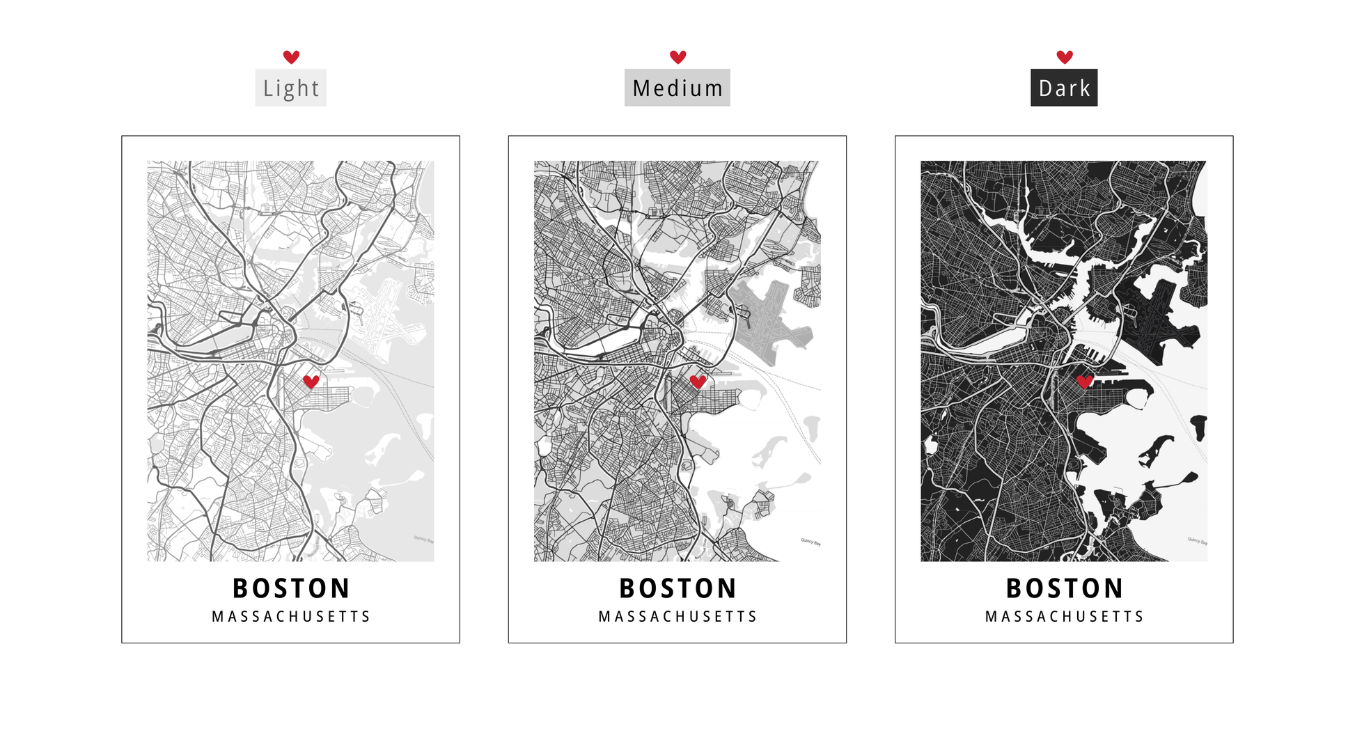 Custom drawn map of Boston in three monochromatic themes: light, medium, and dark. Addition of an optional heart marker