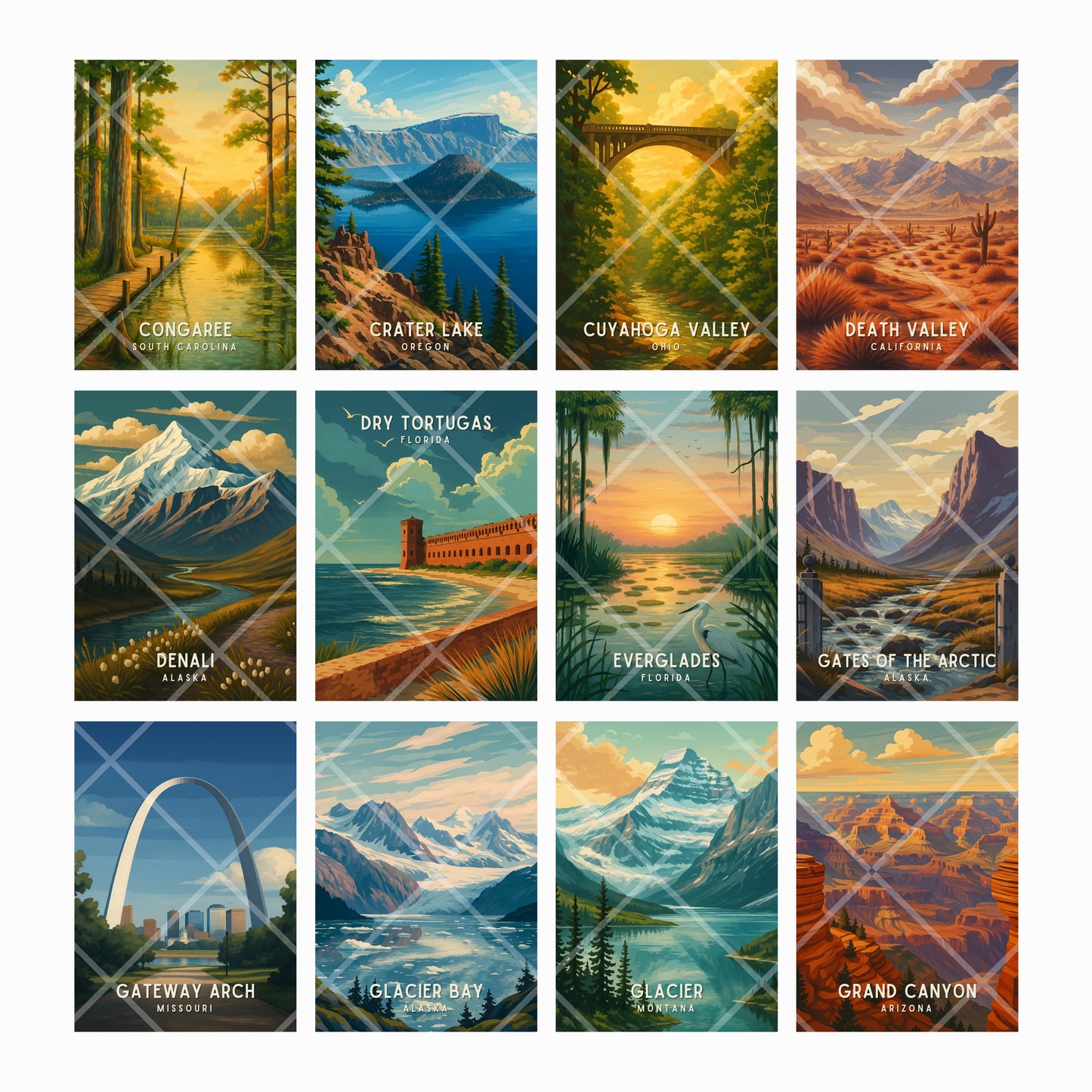 Collection of scenic posters featuring various national parks and landscapes.