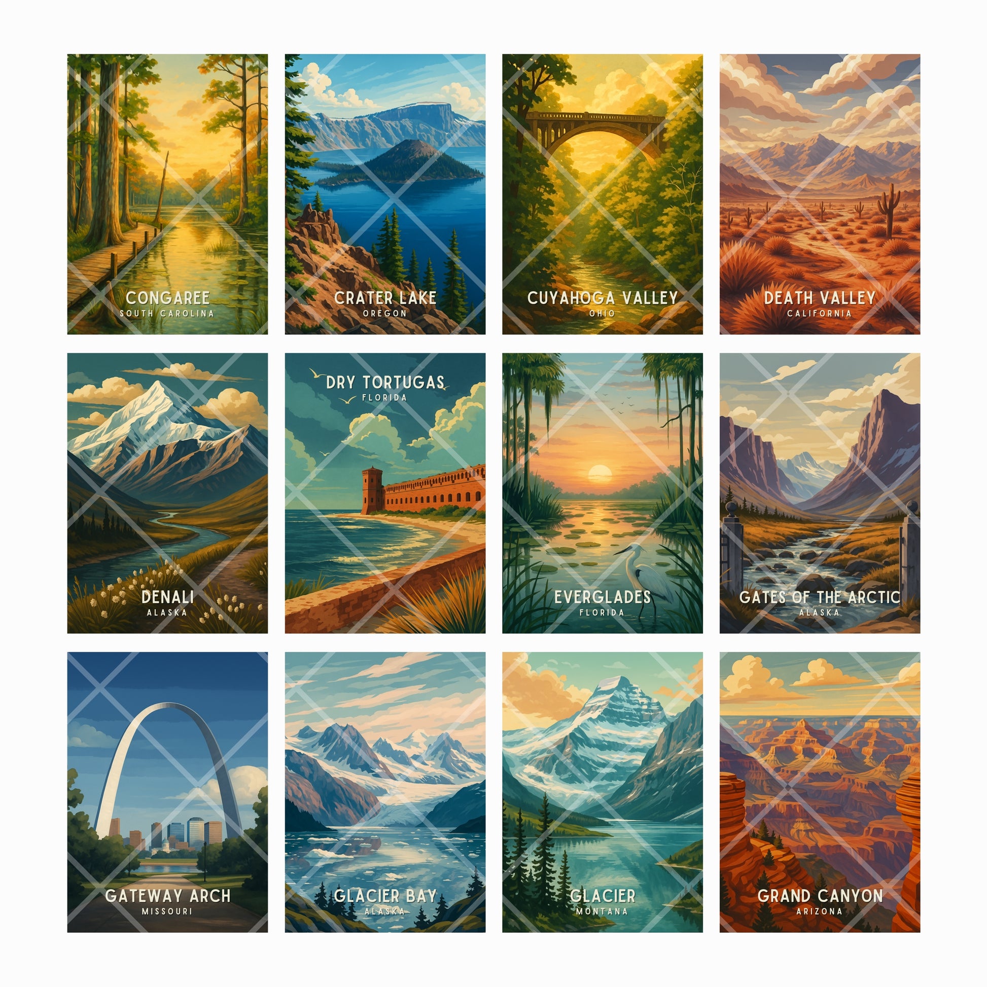 Collection of scenic posters featuring various national parks and landscapes.