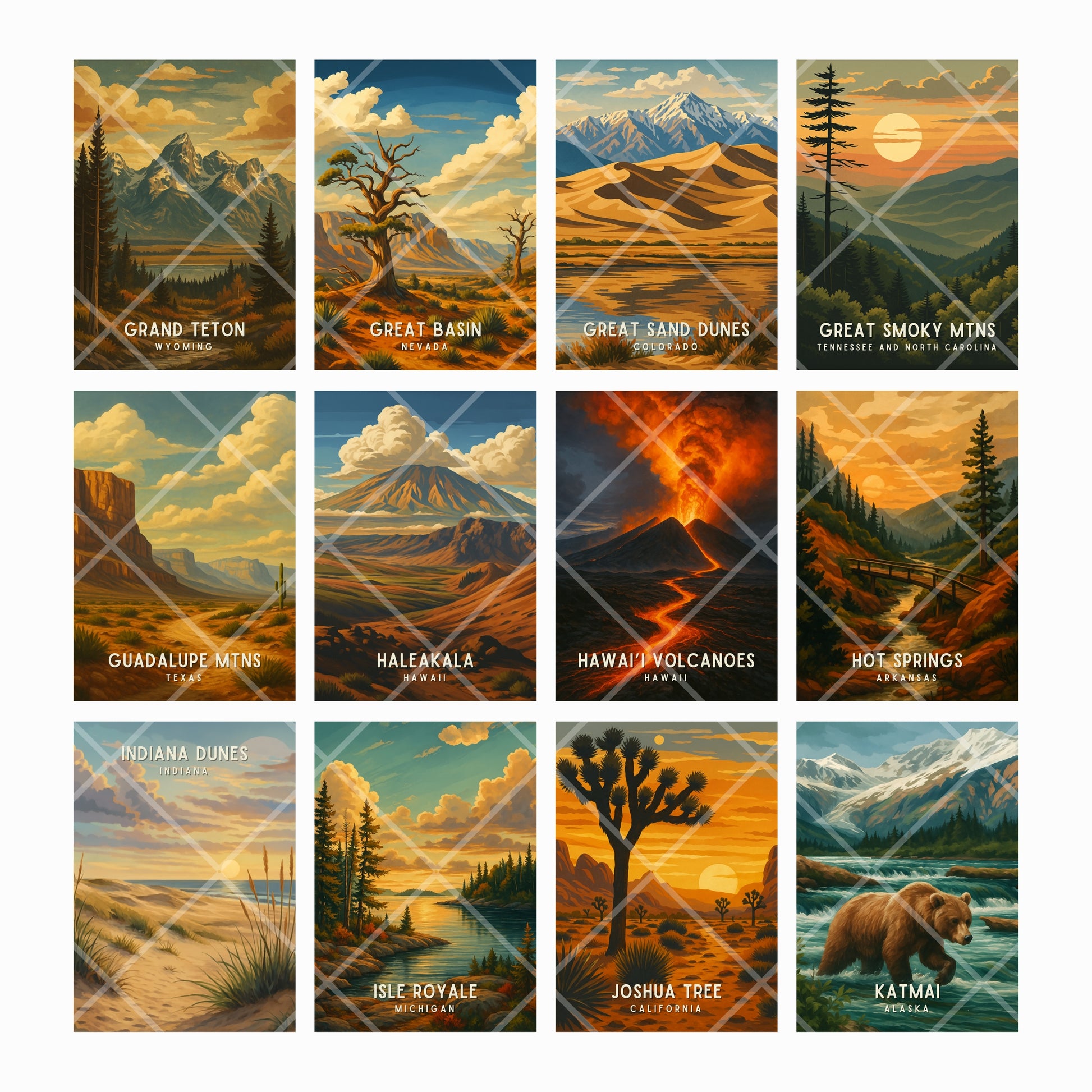 Collection of scenic posters featuring various national parks and landscapes.