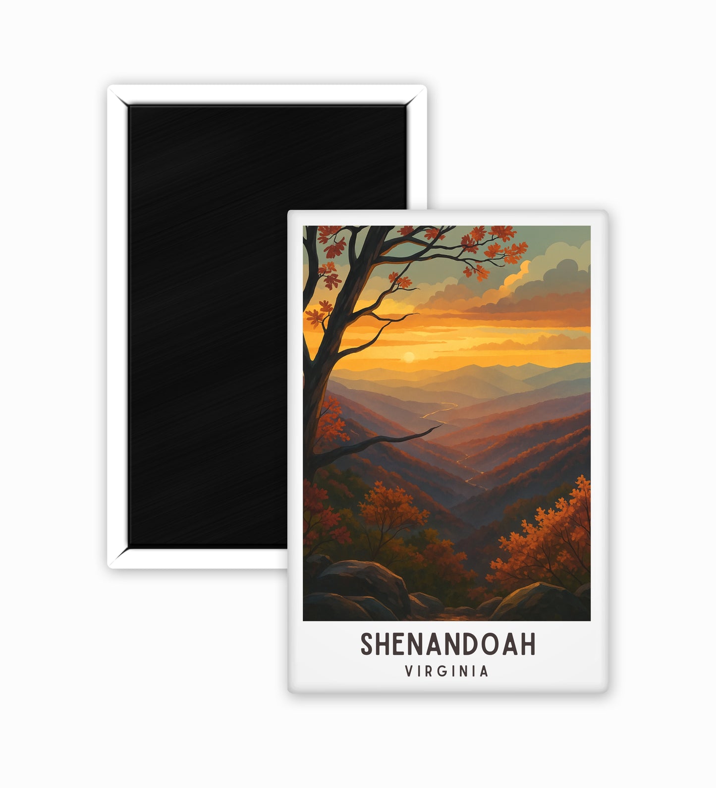 Fridge magnet with Shenandoah Valley landscape design on a white background