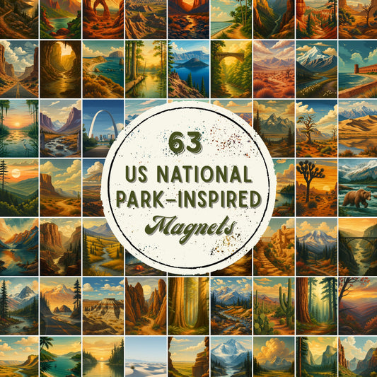 Collage of US National Park-inspired magnets with scenic illustrations.