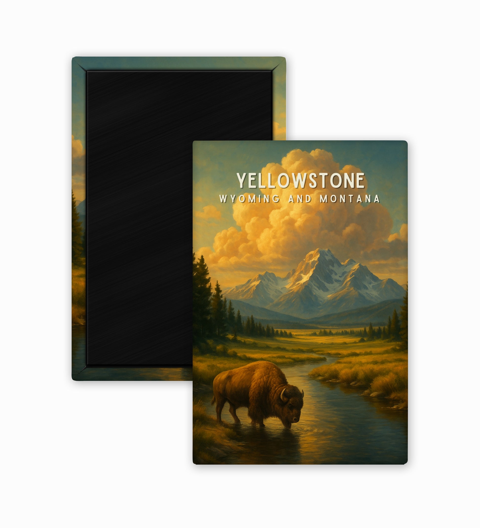 Yellowstone National Park magnet with a scenic design of mountains and a bison.