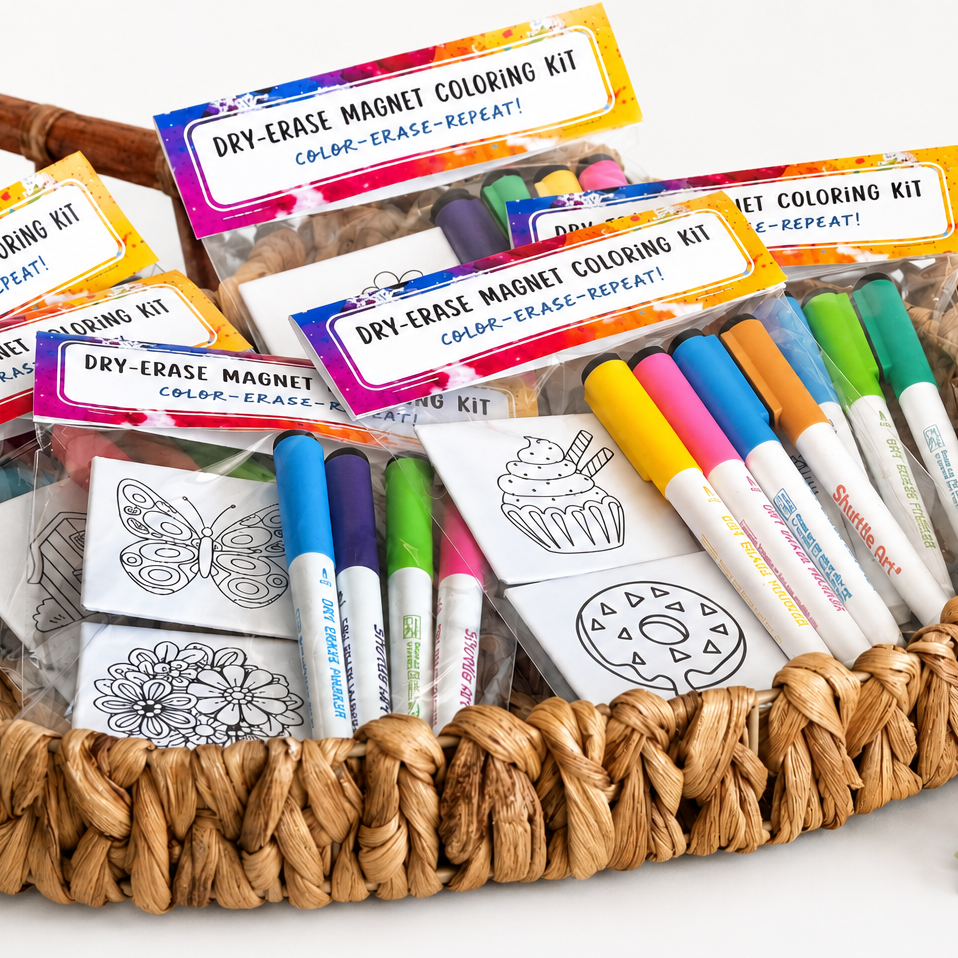 Dry-erase magnet coloring kit with markers and coloring sheets in a woven basket.