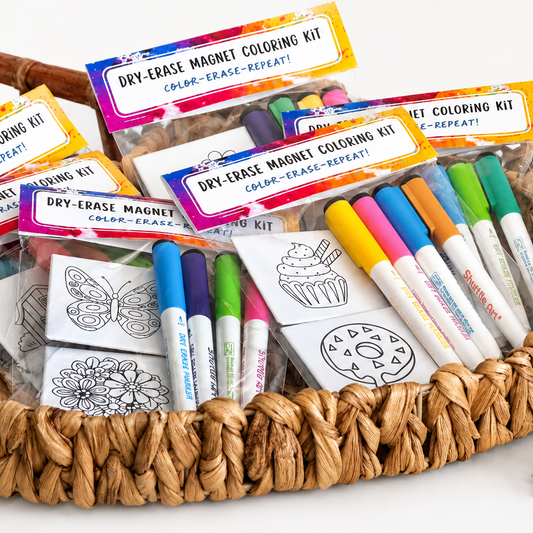 Dry-erase magnet coloring kit with markers and coloring sheets in a woven basket.