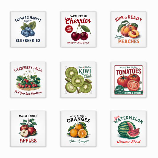 Set of nine fruit-themed designs on a white background